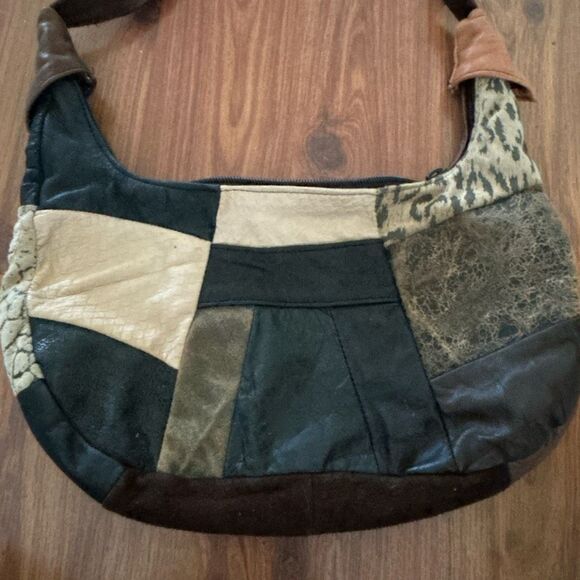 Vintage 70s 80s patchwork leather hobo purse brown leopard - Picture 2 of 7